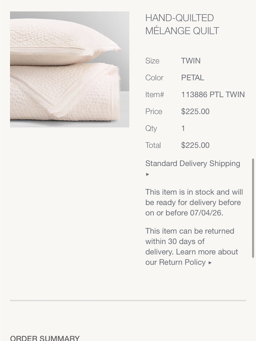 Restoration Hardware Hand-Quilted Mélange Quilt in Petal Cream